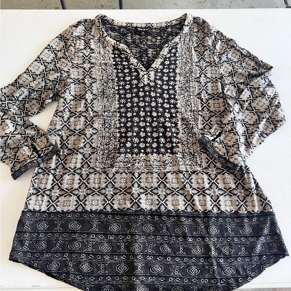 Lucky Brand Geometric peasant blouse Tunic long sleeve shirt black